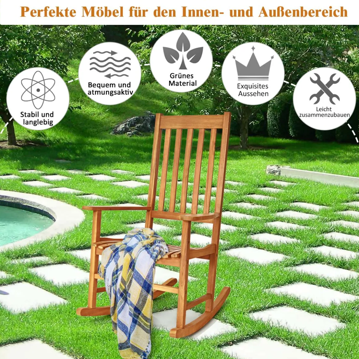 Garten Schaukelstuhl Holz Schaukelsessel Gartenstuhl Outdoor 71 x 84 x 116 cm Braun