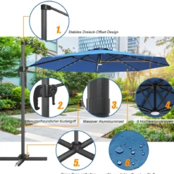 Gartenschirm Kurbelschirm Hängender mit LED Solarlichtern Neigbarer Ampelschirm Blau