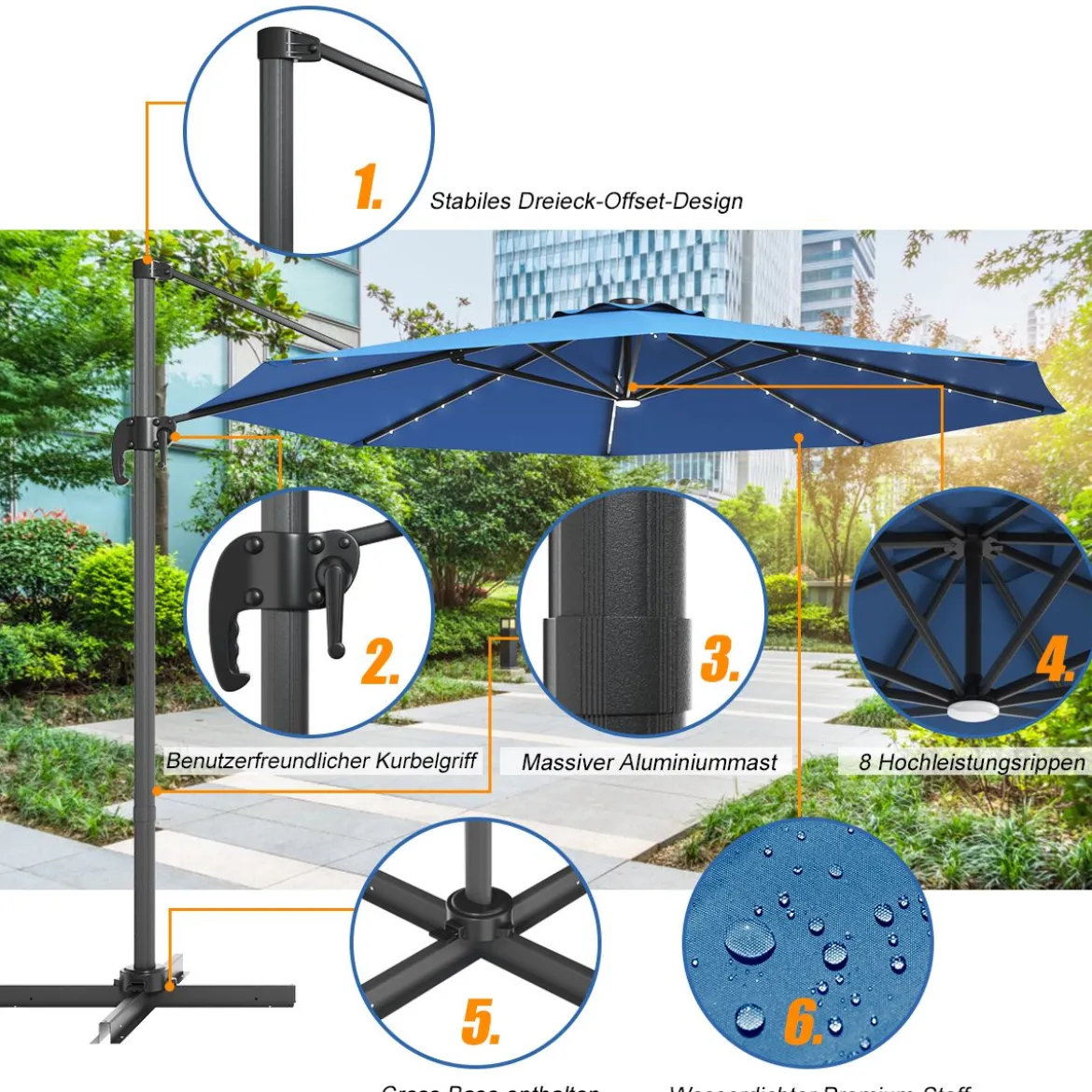 Gartenschirm Kurbelschirm Hängender mit LED Solarlichtern Neigbarer Ampelschirm Blau