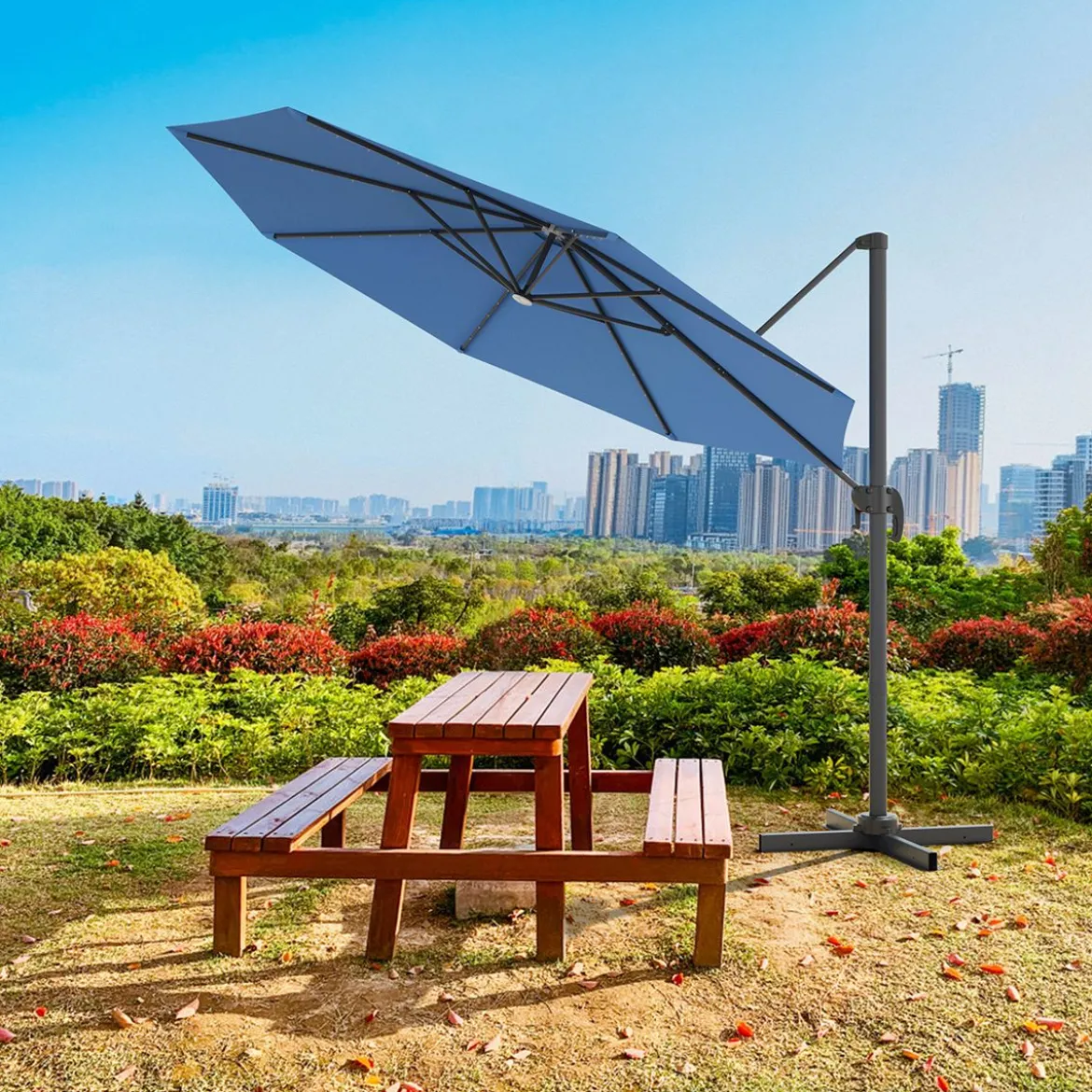 Gartenschirm Kurbelschirm Hängender mit LED Solarlichtern Neigbarer Ampelschirm Blau