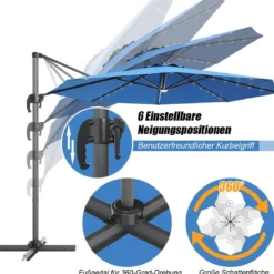 Gartenschirm Kurbelschirm Hängender mit LED Solarlichtern Neigbarer Ampelschirm Blau