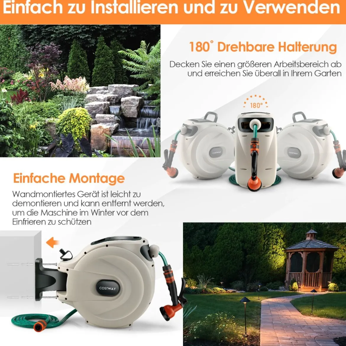 Gartenschlauch-Aufroller mit Wandhalterung 180˚ drehbare Halterung 1/2 Zoll 20m + 2m