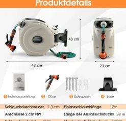 Gartenschlauch-Aufroller mit Wandhalterung 180˚ drehbare Halterung 1/2 Zoll 30m + 2m