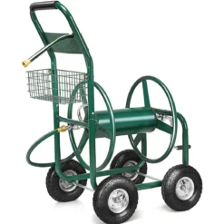 Garten Schlauchwagen Schlauchaufroller Schlauchtrommel mit Korb Grün Metall 96 x 62 x 113 cm