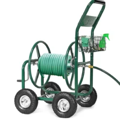 Garten Schlauchwagen Schlauchaufroller Schlauchtrommel mit Korb Grün Metall 96 x 62 x 113 cm