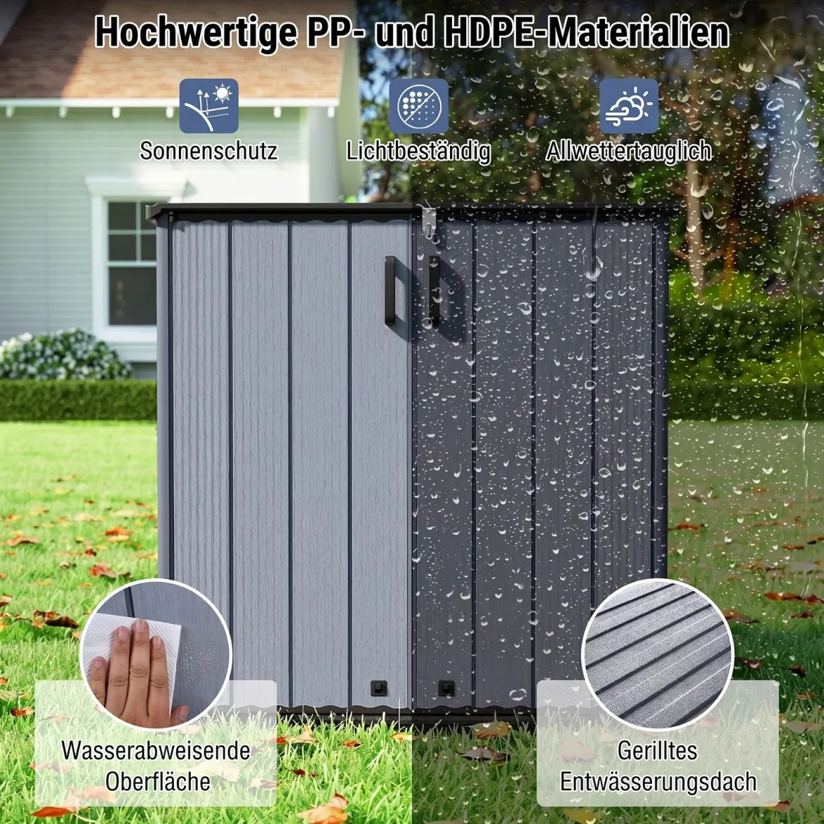 Gartenschrank Aufbewahrungsbox Wetterfest mit Abschließbarer Doppeltür 120 x 65 x 117 cm Grau/Schwarz