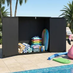 Gartenschrank Aufbewahrungsbox Wetterfest mit Abschließbarer Doppeltür 120 x 65 x 117 cm Grau/Schwarz