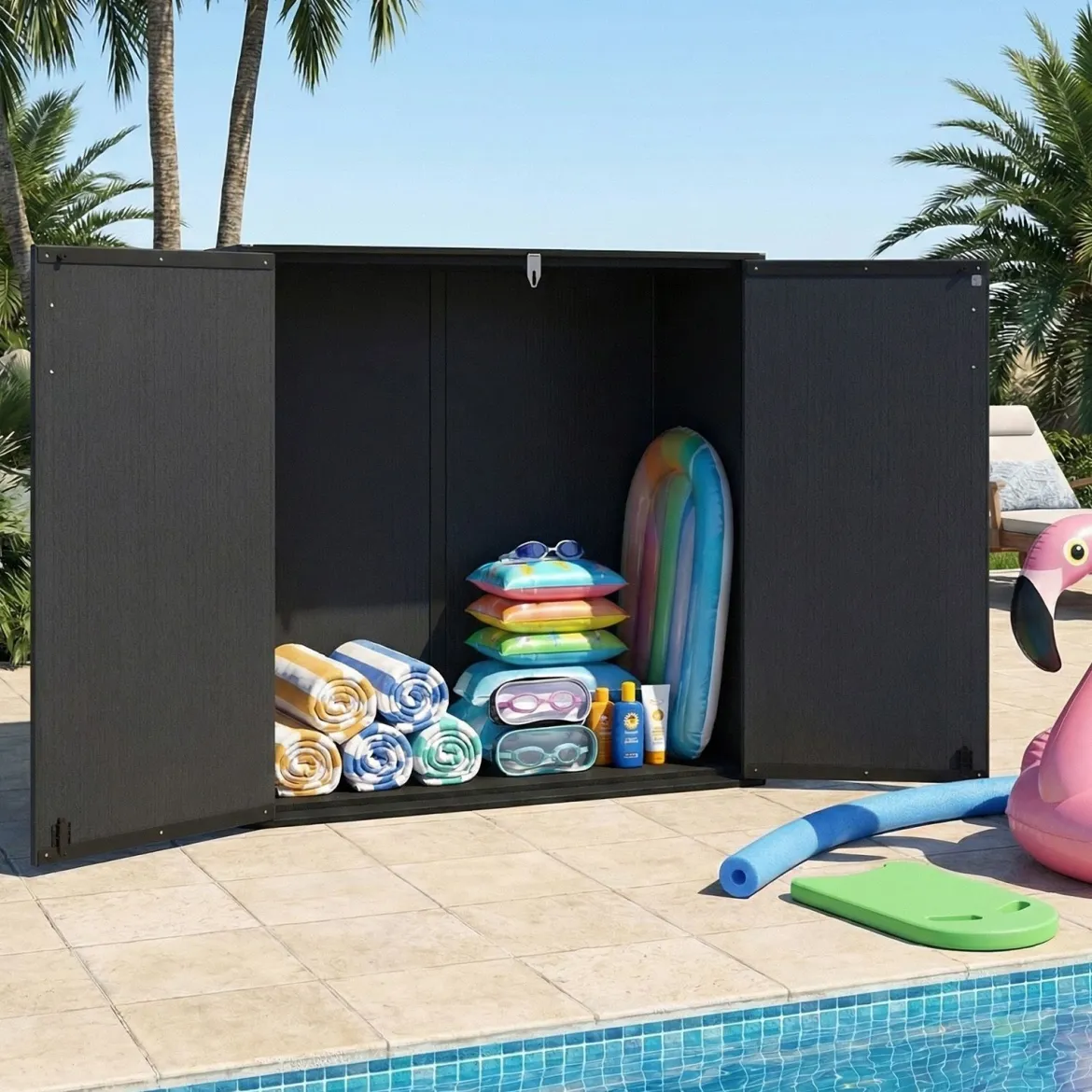 Gartenschrank Aufbewahrungsbox Wetterfest mit Abschließbarer Doppeltür 120 x 65 x 117 cm Grau/Schwarz