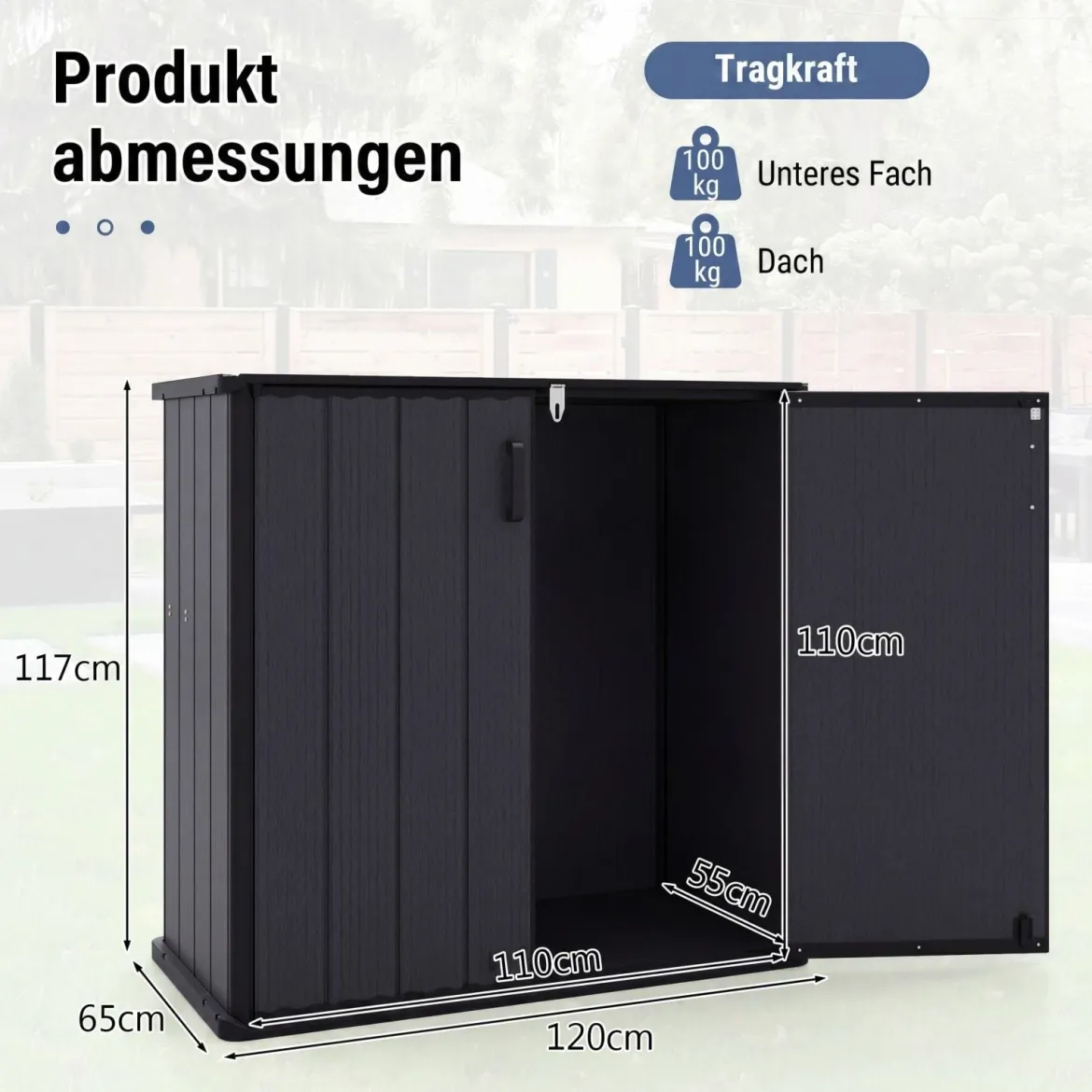 Gartenschrank Aufbewahrungsbox Wetterfest mit Abschließbarer Doppeltür 120 x 65 x 117 cm Grau/Schwarz