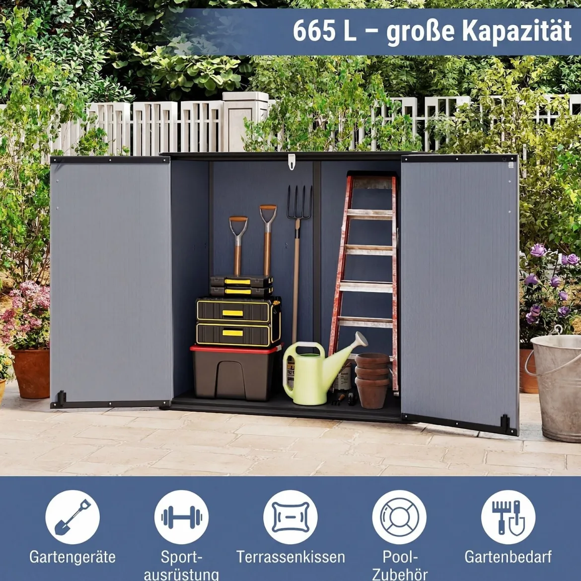 Gartenschrank Aufbewahrungsbox Wetterfest mit Abschließbarer Doppeltür 120 x 65 x 117 cm Grau/Schwarz