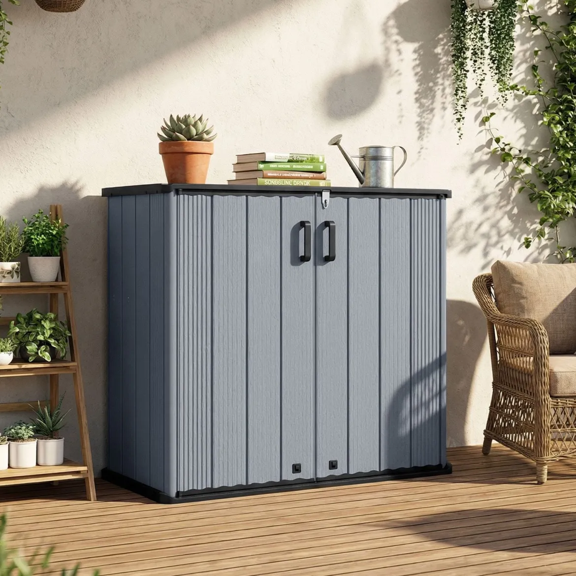 Gartenschrank Aufbewahrungsbox Wetterfest mit Abschließbarer Doppeltür 120 x 65 x 117 cm Grau/Schwarz