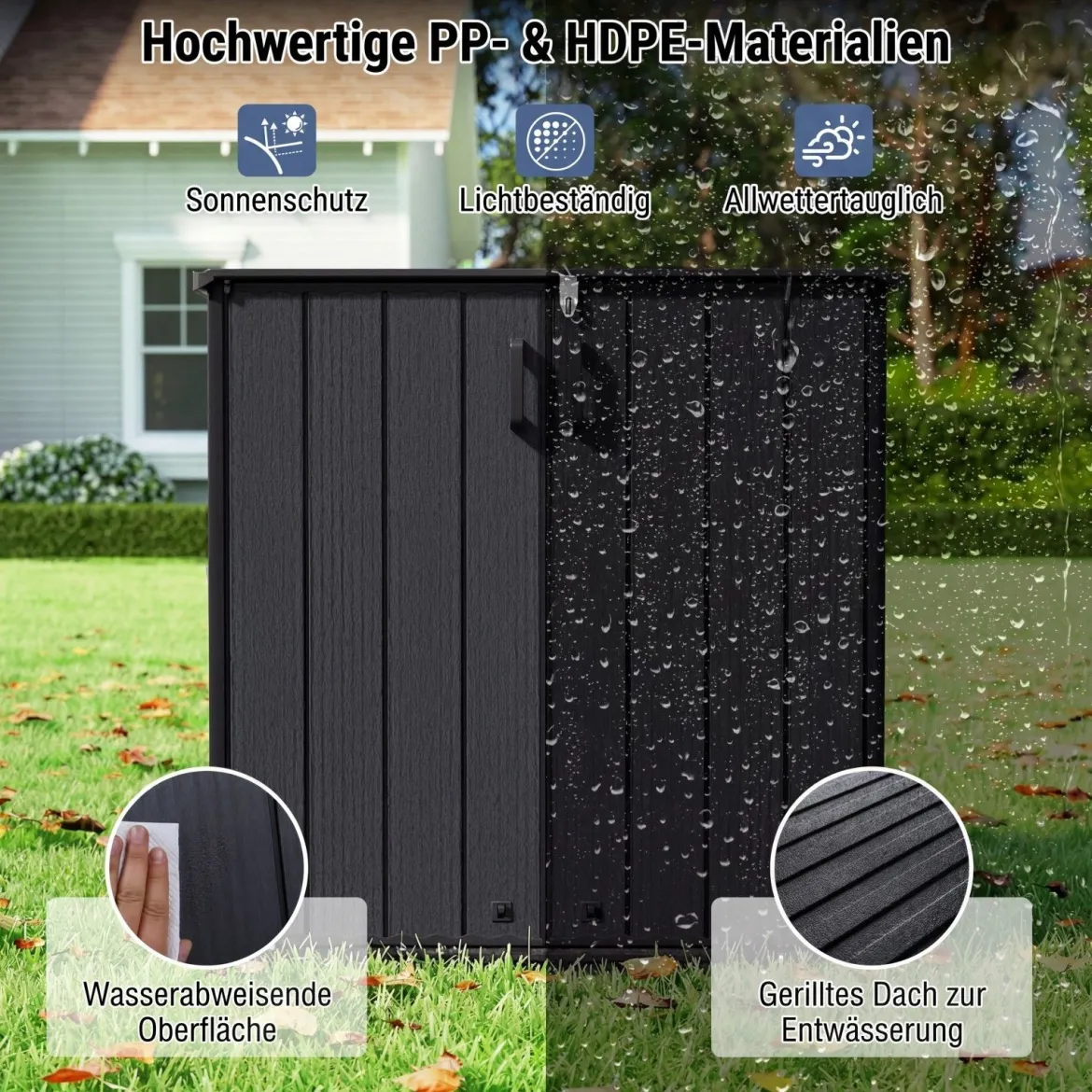 Gartenschrank Aufbewahrungsbox Wetterfest mit Abschließbarer Doppeltür 120 x 65 x 117 cm Grau/Schwarz