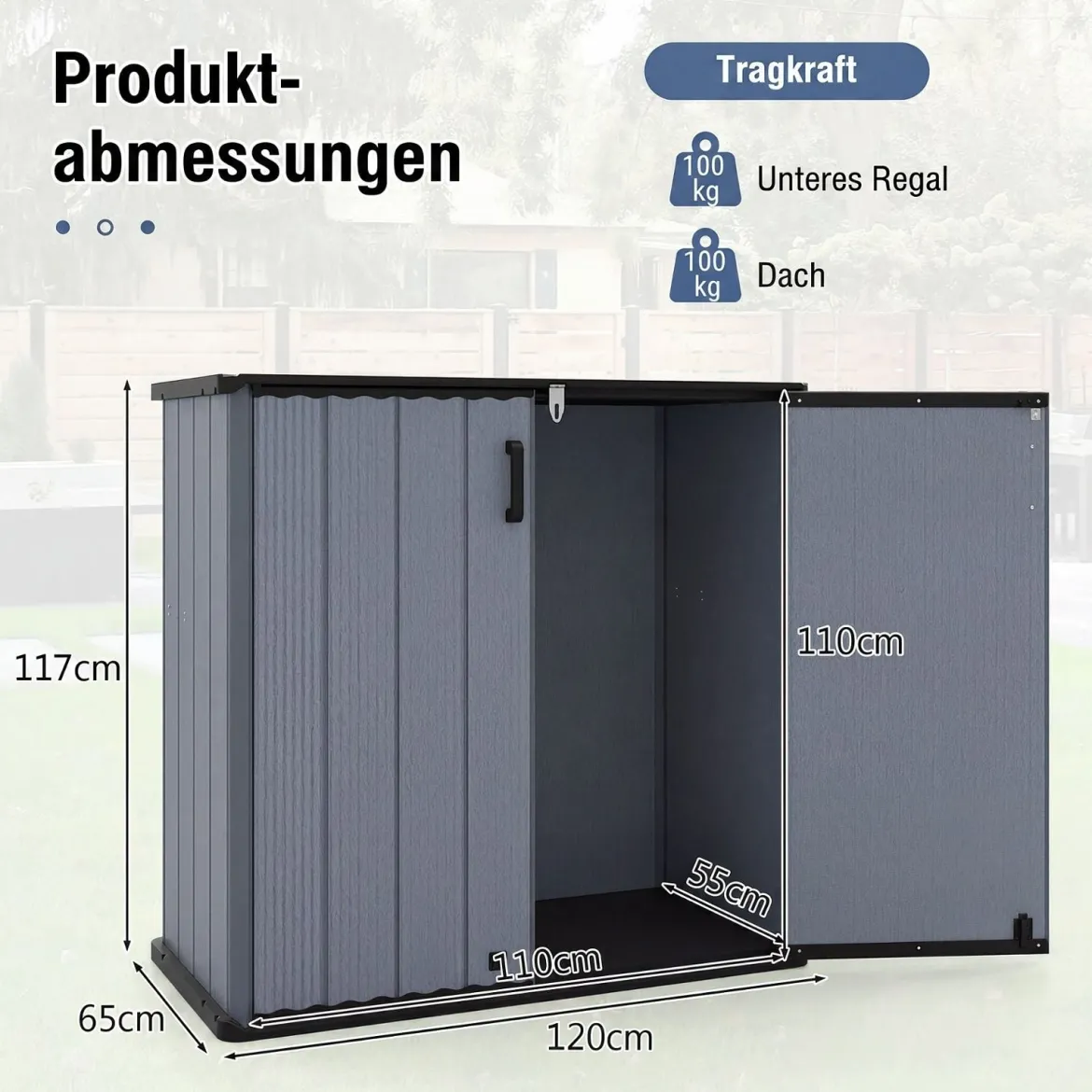 Gartenschrank Aufbewahrungsbox Wetterfest mit Abschließbarer Doppeltür 120 x 65 x 117 cm Grau/Schwarz