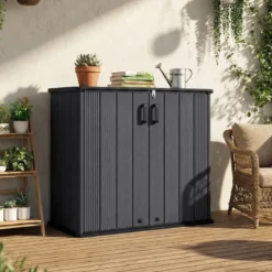Gartenschrank Aufbewahrungsbox Wetterfest mit Abschließbarer Doppeltür 120 x 65 x 117 cm Grau/Schwarz