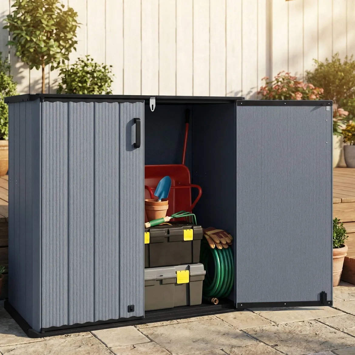 Gartenschrank Aufbewahrungsbox Wetterfest mit Abschließbarer Doppeltür 120 x 65 x 117 cm Grau/Schwarz