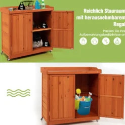 Gartenschrank aus Holz Lagerschrank mit 4 Universalrädern Garten Natur