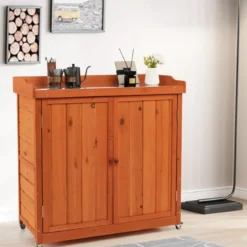Gartenschrank aus Holz Lagerschrank mit 4 Universalrädern Garten Natur