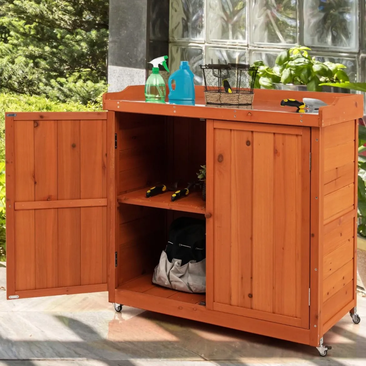 Gartenschrank aus Holz Lagerschrank mit 4 Universalrädern Garten Natur