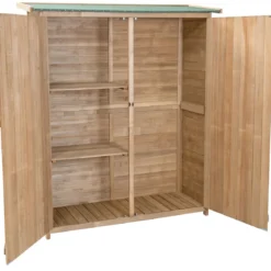 Gartenschrank aus Massivholz mit Schrägem Asphaltdach & Doppelt Türen & Regalen Gerätehaus
