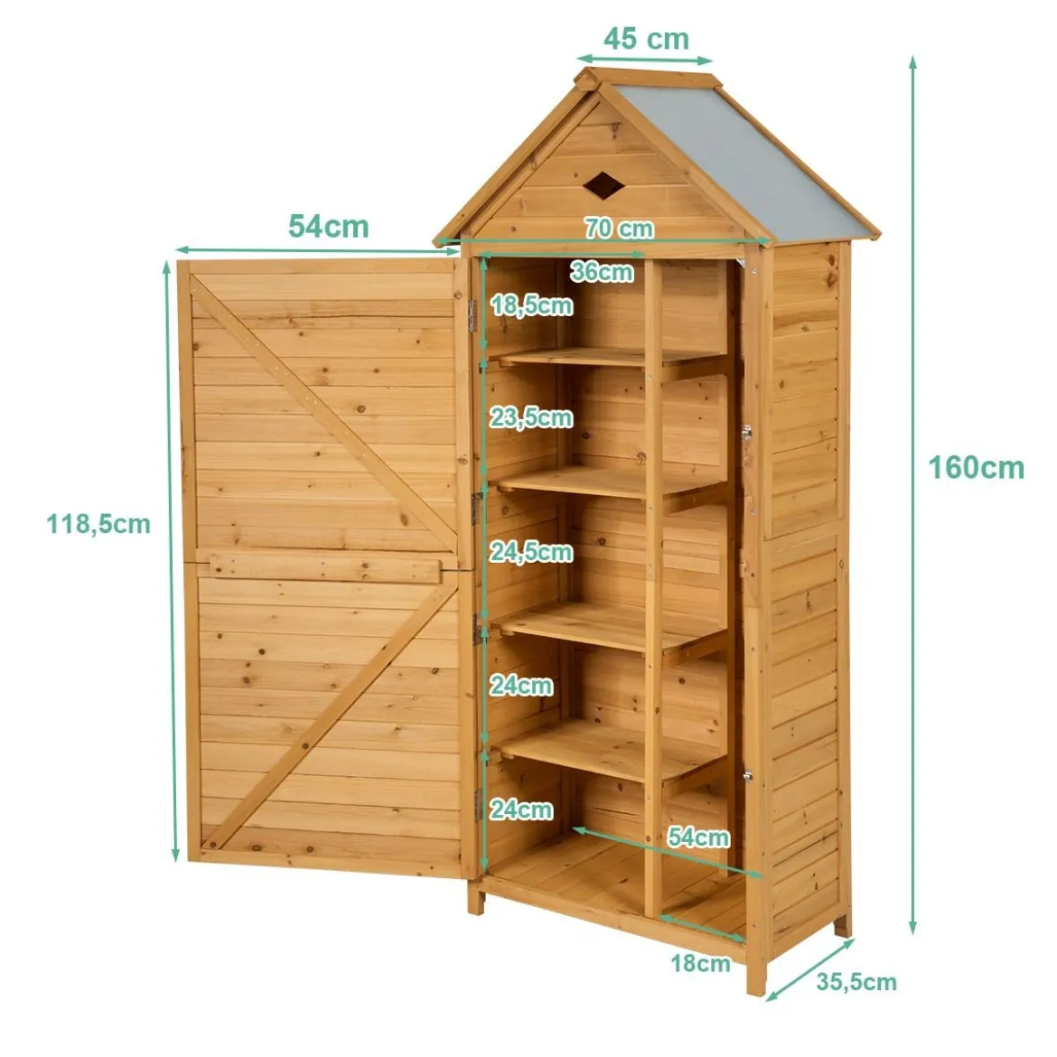 Gartenschrank Holz Geräteschuppen mit 5 Regalböden und Satteldach Outdoor Schrank Wetterfest 70 x 35,5 x 160 cm Natur