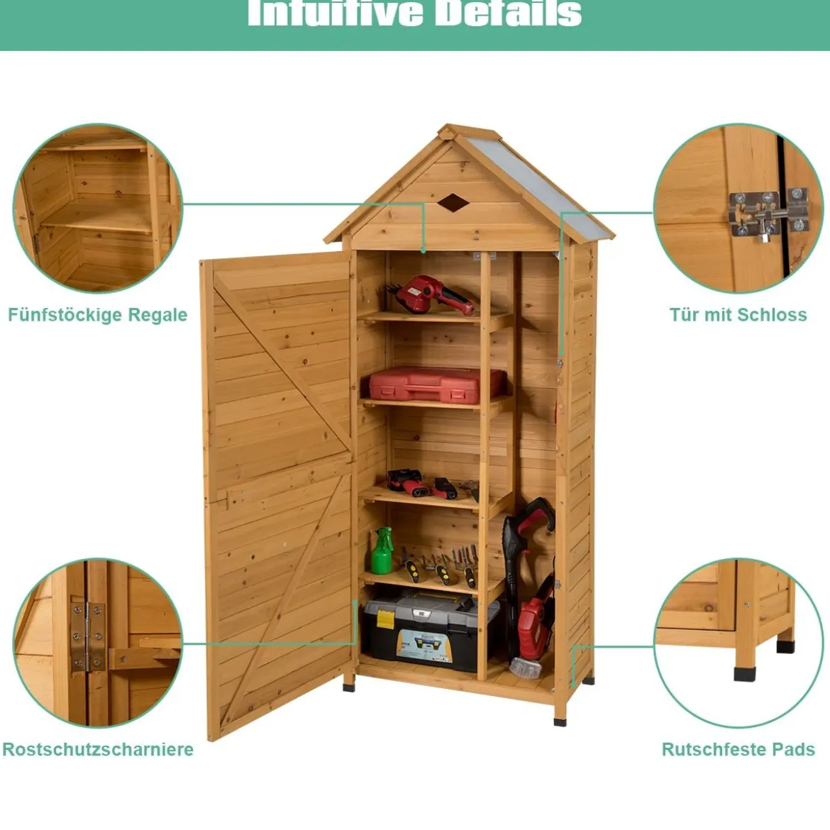 Gartenschrank Holz Geräteschuppen mit 5 Regalböden und Satteldach Outdoor Schrank Wetterfest 70 x 35,5 x 160 cm Natur