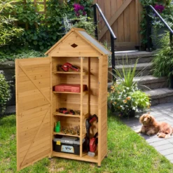 Gartenschrank Holz Geräteschuppen mit 5 Regalböden und Satteldach Outdoor Schrank Wetterfest 70 x 35,5 x 160 cm Natur