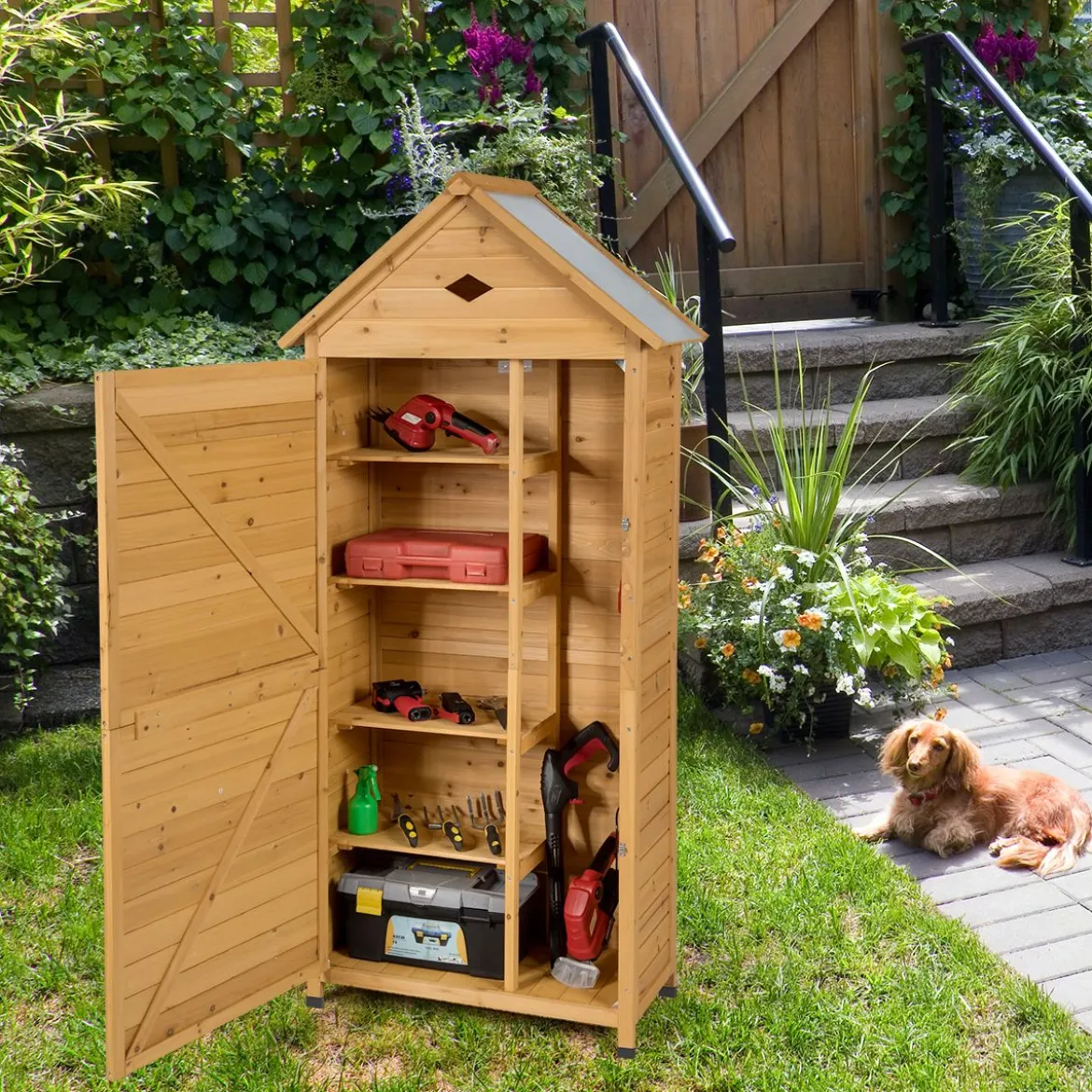 Gartenschrank Holz Geräteschuppen mit 5 Regalböden und Satteldach Outdoor Schrank Wetterfest 70 x 35,5 x 160 cm Natur