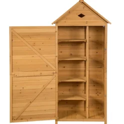 Gartenschrank Holz Geräteschuppen mit 5 Regalböden und Satteldach Outdoor Schrank Wetterfest 70 x 35,5 x 160 cm Natur