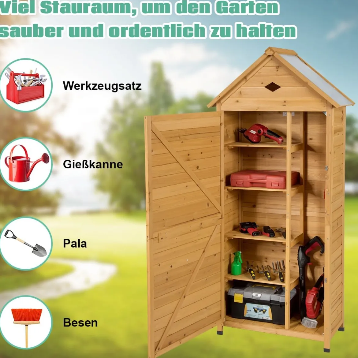 Gartenschrank Holz Geräteschuppen mit 5 Regalböden und Satteldach Outdoor Schrank Wetterfest 70 x 35,5 x 160 cm Natur