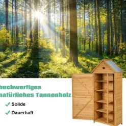 Gartenschrank Holz Geräteschuppen mit 5 Regalböden und Satteldach Outdoor Schrank Wetterfest 70 x 35,5 x 160 cm Natur