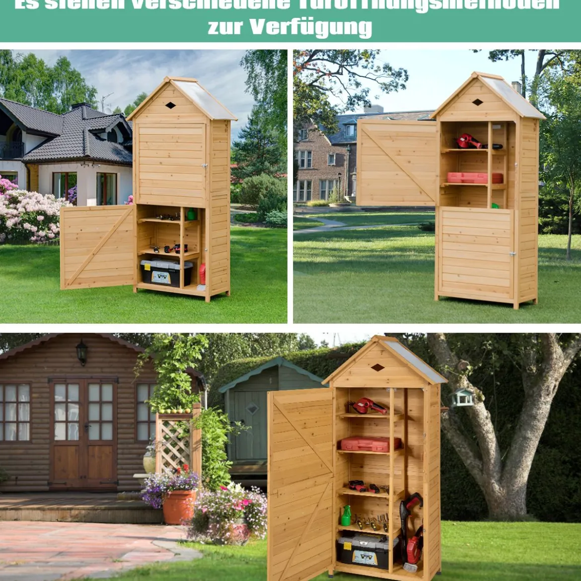 Gartenschrank Holz Geräteschuppen mit 5 Regalböden und Satteldach Outdoor Schrank Wetterfest 70 x 35,5 x 160 cm Natur