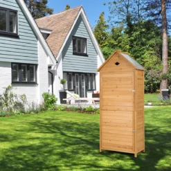 Gartenschrank Holz Geräteschuppen mit 5 Regalböden und Satteldach Outdoor Schrank Wetterfest 70 x 35,5 x 160 cm Natur