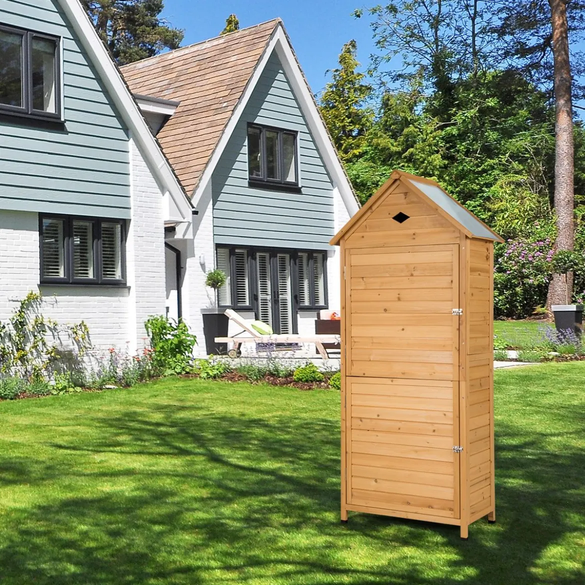 Gartenschrank Holz Geräteschuppen mit 5 Regalböden und Satteldach Outdoor Schrank Wetterfest 70 x 35,5 x 160 cm Natur