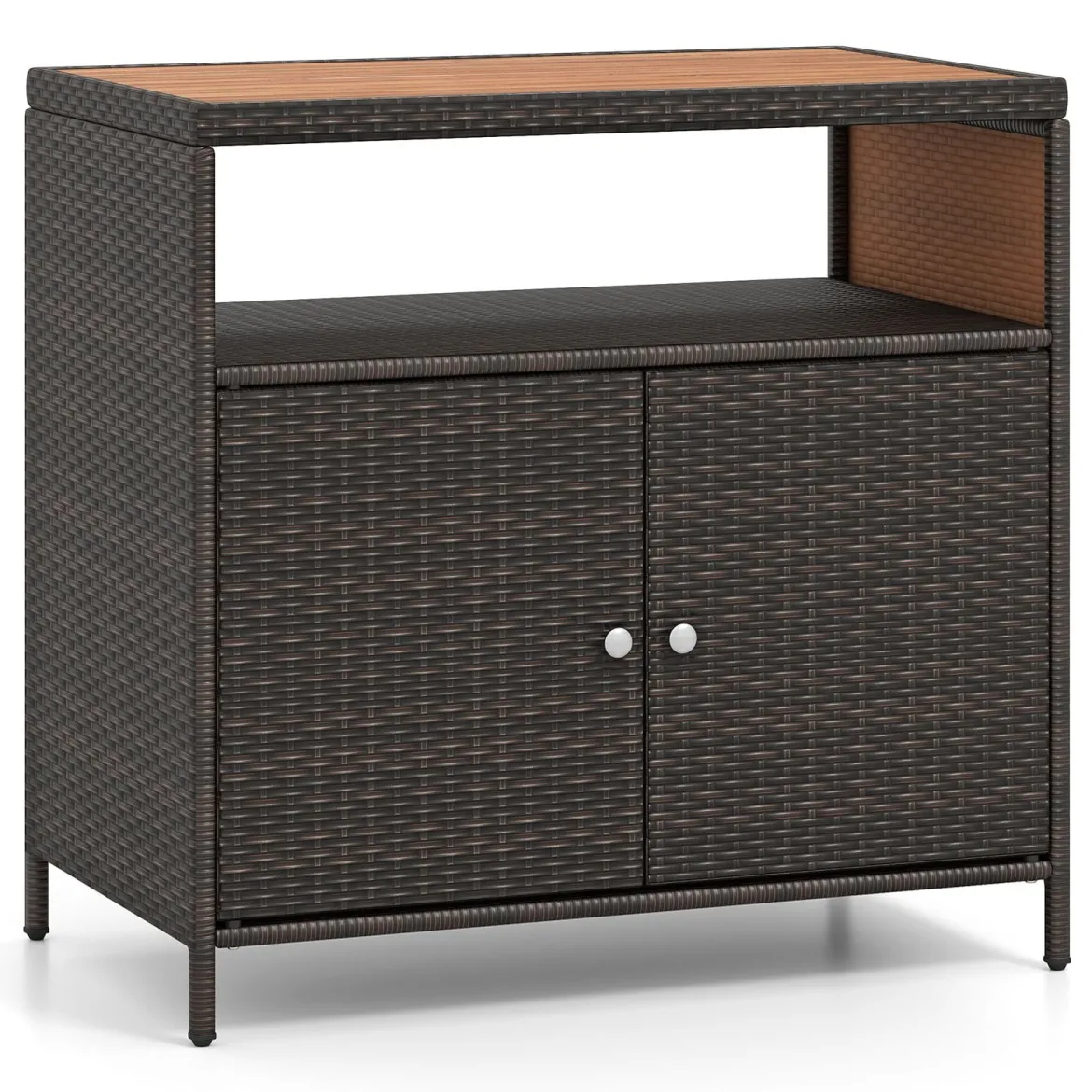Gartenschrank Rattan Terrassenschrank mit Akazienholz-Arbeitsplatte Terrasse 90 x 53 x 86 cm Braun
