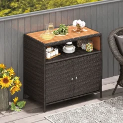 Gartenschrank Rattan Terrassenschrank mit Akazienholz-Arbeitsplatte Terrasse 90 x 53 x 86 cm Braun