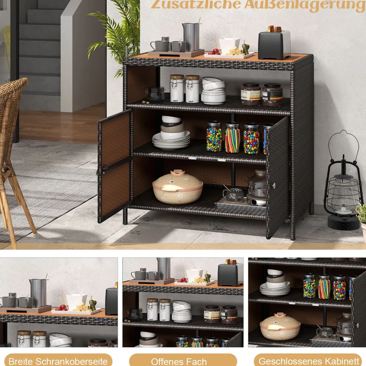 Gartenschrank Rattan Terrassenschrank mit Akazienholz-Arbeitsplatte Terrasse 90 x 53 x 86 cm Braun