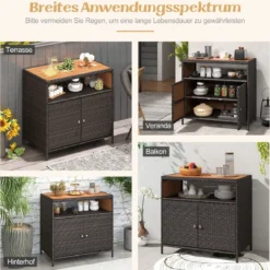 Gartenschrank Rattan Terrassenschrank mit Akazienholz-Arbeitsplatte Terrasse 90 x 53 x 86 cm Braun