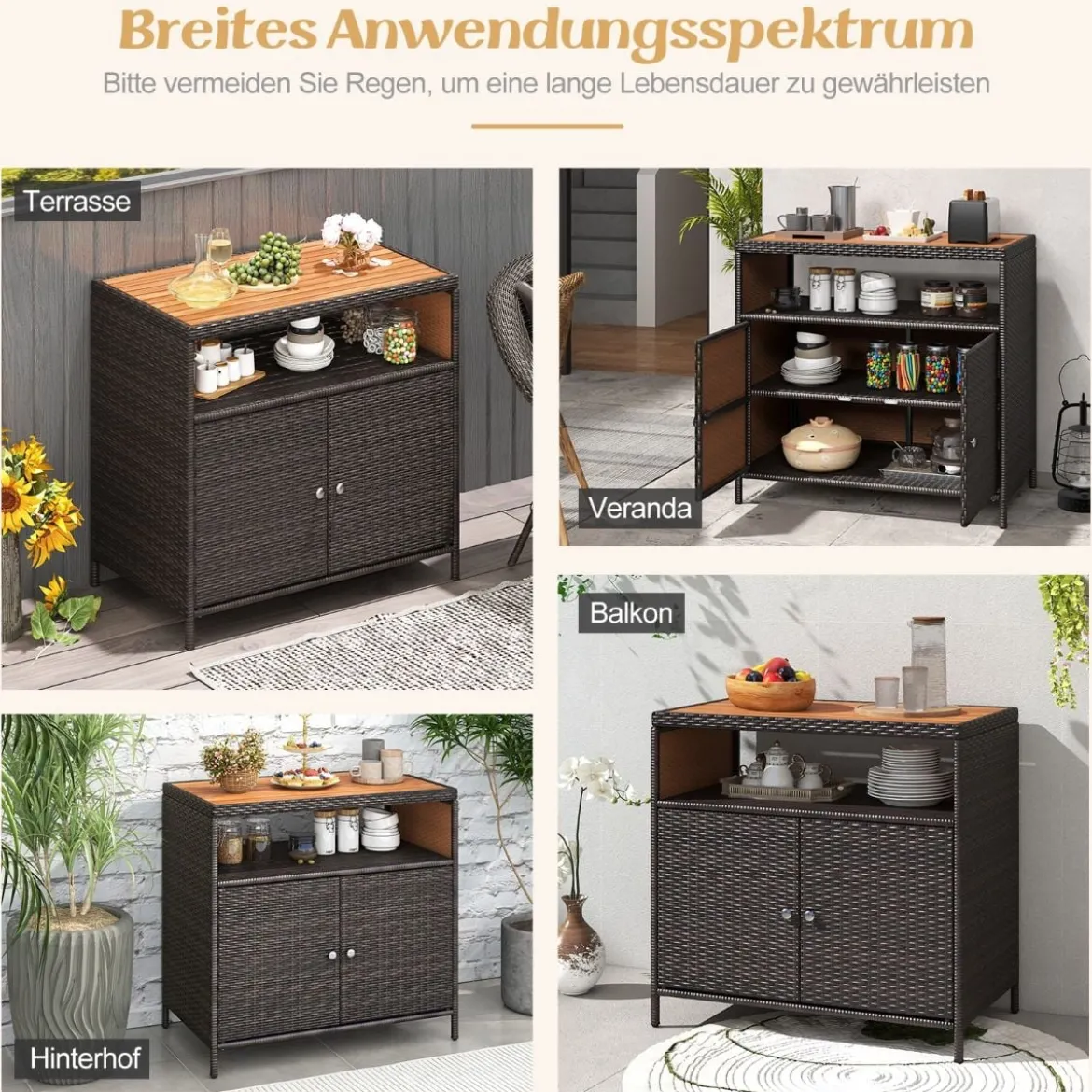 Gartenschrank Rattan Terrassenschrank mit Akazienholz-Arbeitsplatte Terrasse 90 x 53 x 86 cm Braun