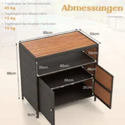 Gartenschrank Rattan Terrassenschrank mit Akazienholz-Arbeitsplatte Terrasse 90 x 53 x 86 cm Braun