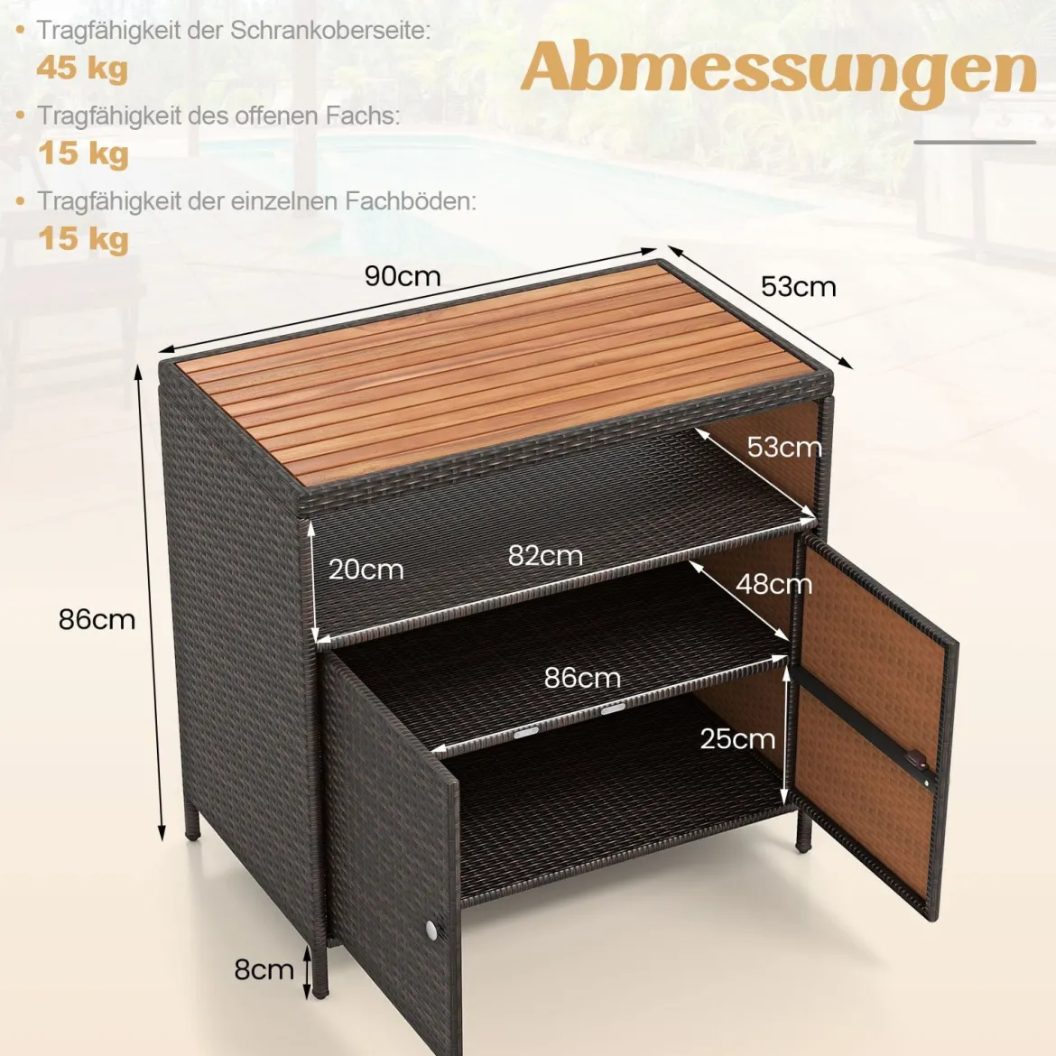 Gartenschrank Rattan Terrassenschrank mit Akazienholz-Arbeitsplatte Terrasse 90 x 53 x 86 cm Braun