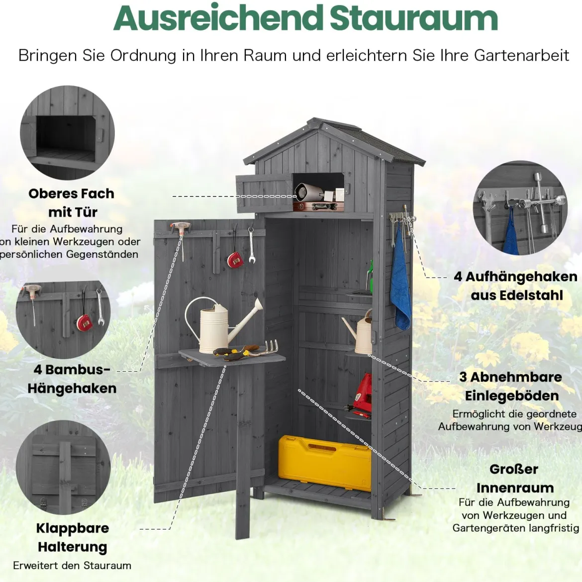 Gartenschuppen 180,5 cm hoher Geräteschrank für den Außenbereich mit abschließbaren Türen klappbarem Tisch Grau
