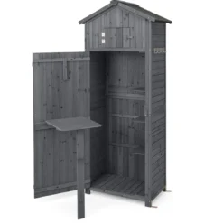 Gartenschuppen 180,5 cm hoher Geräteschrank für den Außenbereich mit abschließbaren Türen klappbarem Tisch Grau