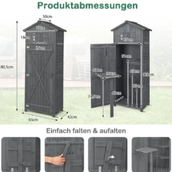 Gartenschuppen 180,5 cm hoher Geräteschrank für den Außenbereich mit abschließbaren Türen klappbarem Tisch Grau