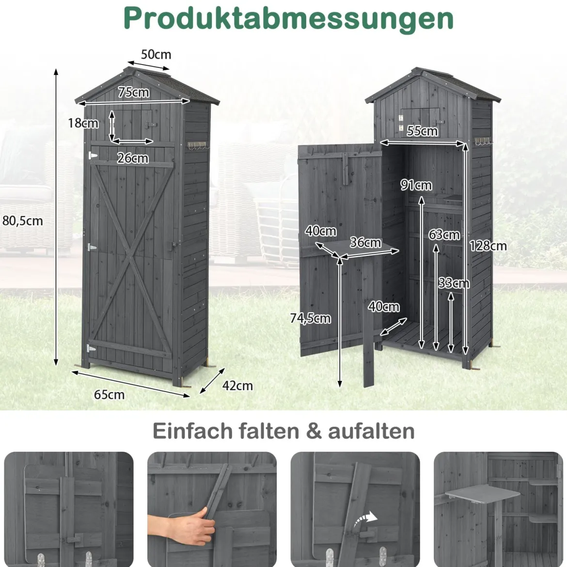 Gartenschuppen 180,5 cm hoher Geräteschrank für den Außenbereich mit abschließbaren Türen klappbarem Tisch Grau