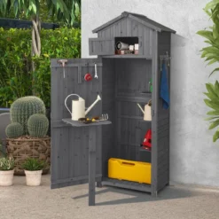 Gartenschuppen 180,5 cm hoher Geräteschrank für den Außenbereich mit abschließbaren Türen klappbarem Tisch Grau