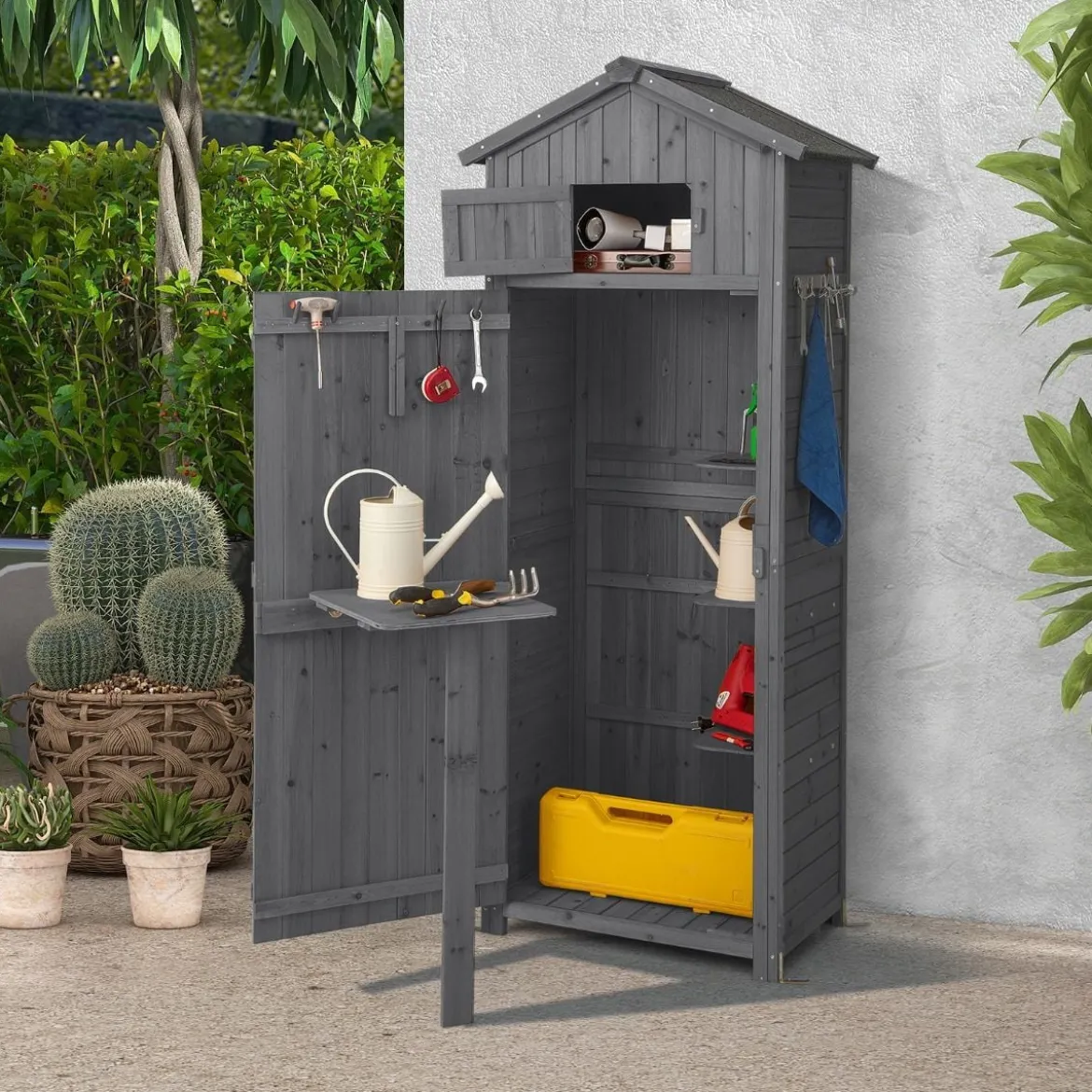Gartenschuppen 180,5 cm hoher Geräteschrank für den Außenbereich mit abschließbaren Türen klappbarem Tisch Grau