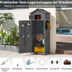 Gartenschuppen 180,5 cm hoher Geräteschrank für den Außenbereich mit abschließbaren Türen klappbarem Tisch Grau
