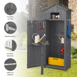 Gartenschuppen 180,5 cm hoher Geräteschrank für den Außenbereich mit abschließbaren Türen klappbarem Tisch Grau