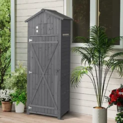 Gartenschuppen 180,5 cm hoher Geräteschrank für den Außenbereich mit abschließbaren Türen klappbarem Tisch Grau