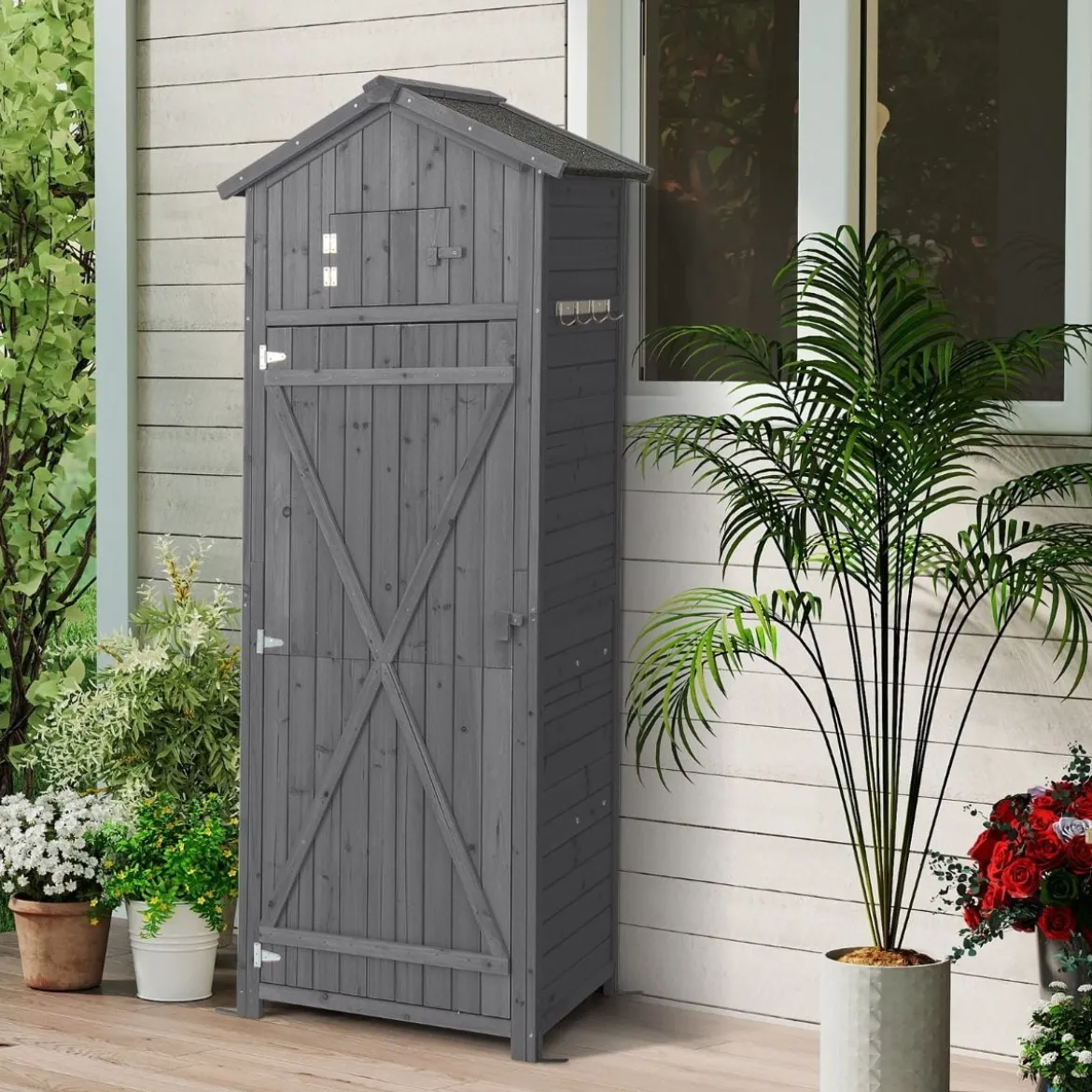 Gartenschuppen 180,5 cm hoher Geräteschrank für den Außenbereich mit abschließbaren Türen klappbarem Tisch Grau